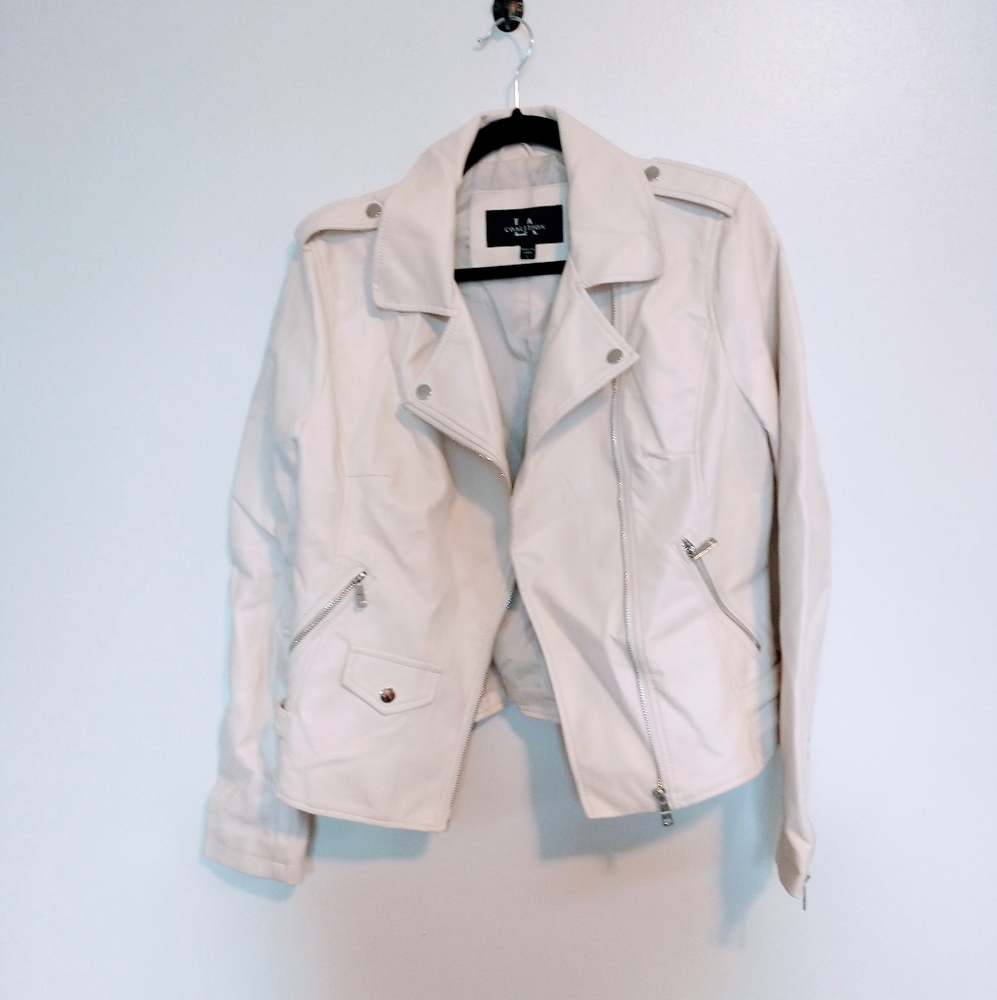 coalition la vegan leather jacket, cream color. Lined. Asymmetric zipper, moto